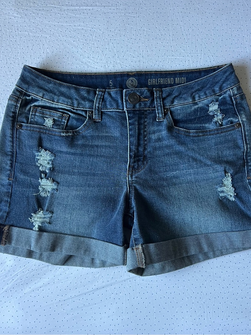 SO Girlfriend Midi Distressed Jean Shorts - Blue